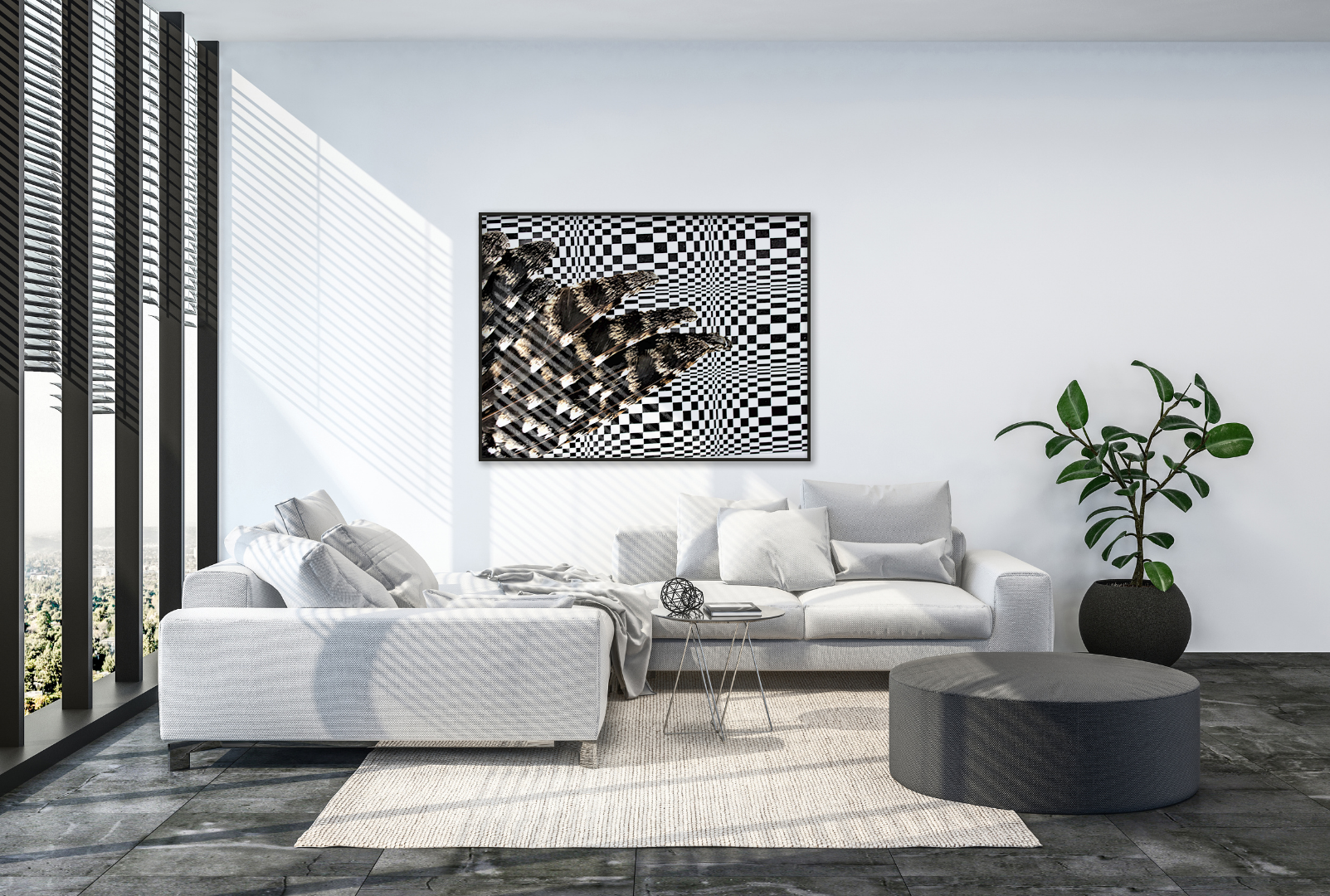 Side Feathers on Check  original abstract contextualised office art modern decor photo print by Blair Montague Drake